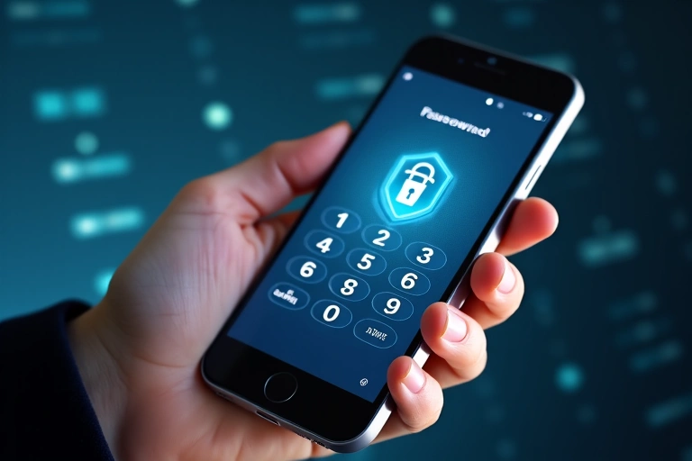 Εικόνα που δείχνει ένα χέρι να κρατά ένα κινητό τηλέφωνο με έναν κωδικό πρόσβασης, συμβολίζοντας την ασφαλή πρόσβαση και προστασία δεδομένων.